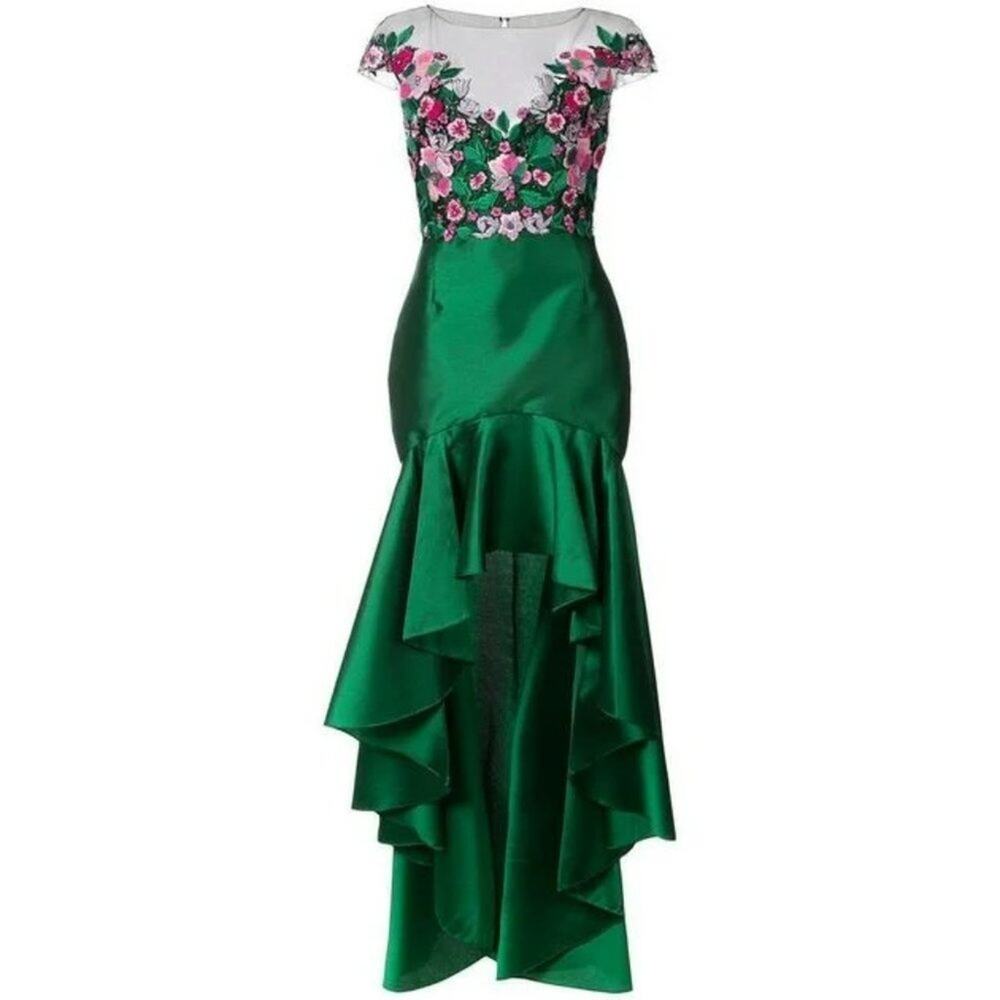 Marchesa notte Silk Embroidered Floral High Low Gown in Green - Picture 4 of 14